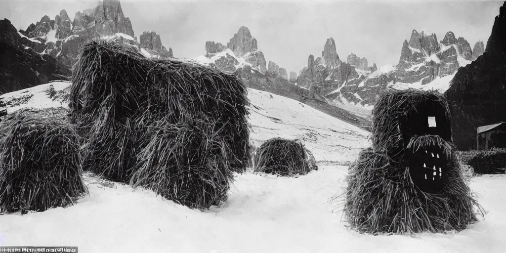 Prompt: 1 9 2 0 s photography of krampus hay monster burning on a pyre, submerged in snow, alpine huts and dolomites in background