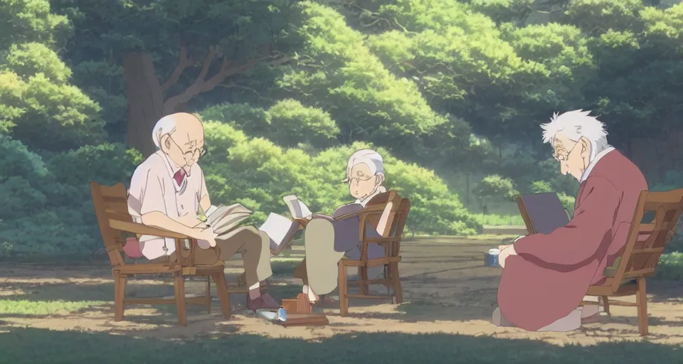 Prompt: screenshot from the anime film by studio ghibli, grandpa reading a book to a young child, serene, summer, from the anime film by makoto shinkai