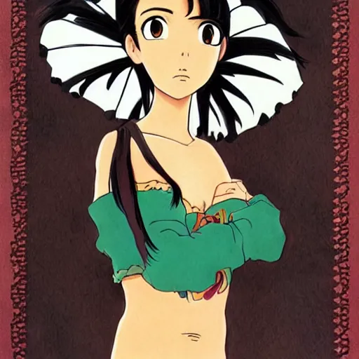 Image similar to beautiful mexican woman, black hair and brown eyes, studio ghibli, art by hayao miyazaki, makoto shinkai