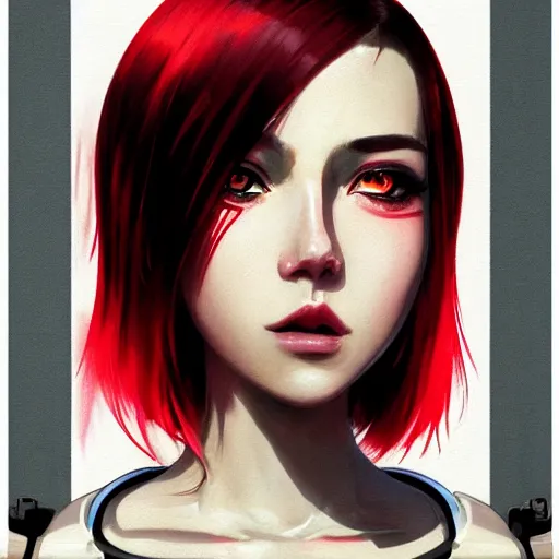 Image similar to A beautiful cyborg woman with big and cute eyes || VERY ANIME, fine-face, red and black robotic parts, realistic shaded perfect face, fine details. Anime. realistic shaded lighting poster by Ilya Kuvshinov katsuhiro otomo ghost-in-the-shell, magali villeneuve, artgerm, Jeremy Lipkin and Michael Garmash, Rob Rey and Kentarõ Miura style, trending on art station