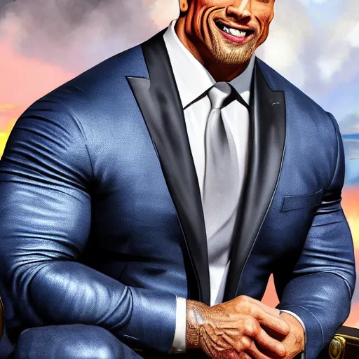 Image similar to an oil painting of dwayne johnson wearing wearing a fancy elegant suit, by artgerm, hd, hdr, ue 5, ue 6, unreal engine 5, realistic anime 3 d style, cinematic 4 k wallpaper, 8 k, ultra detailed, gta cover art, high resolution, artstation, award winning