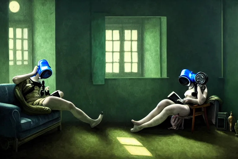 Image similar to girl with wearing a gas mask lying on the sofa reading a book in her room, in the style of dariusz zawadzki, solarpunk, exact anatomy, atmospheric, clean, intricate and epic composition, green by caravaggio, insanely quality, highly detailed, masterpiece, blue light, artstation, 4 k