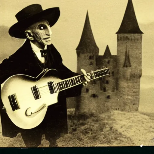 Image similar to vintage photograph of count orlok outside his castle, playing the blues on guitar, castle in the background, 4 k