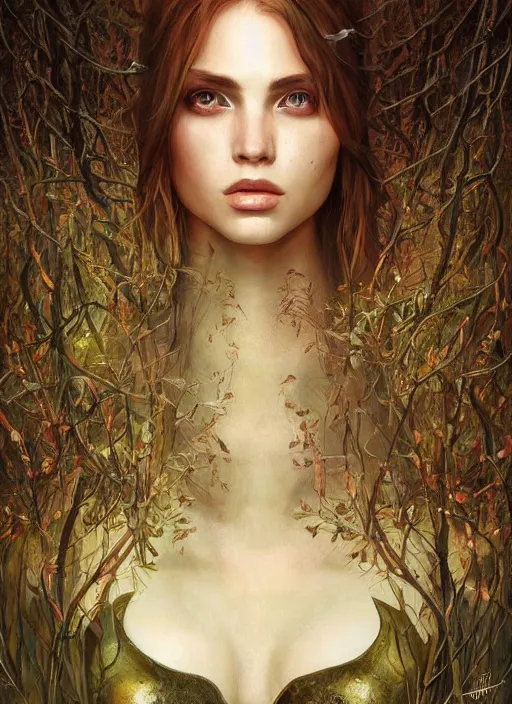 Image similar to a highly detailed symmetrical painting of a female druie with piercing beautiful eyes in forest meadow, dynamic lighting, ambient lighting, trending on artstation, art by artgerm and karol bak and mark brooks