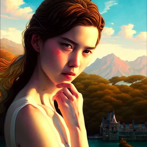 Image similar to a beautiful scenic painting by artgerm and wlop and wes anderson and spike jonze