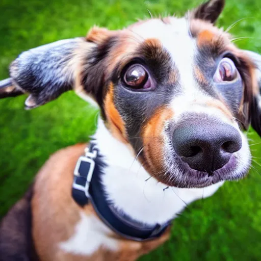 Image similar to widest fish eye lens extremely close to happy dog