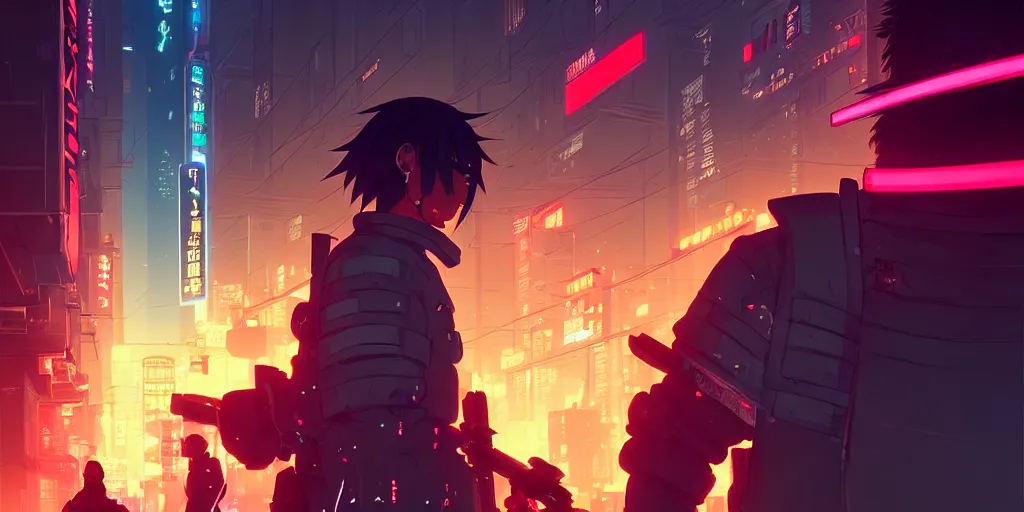 Image similar to digital illustration closeup of cyberpunk samurai in city street at night by makoto shinkai, ilya kuvshinov, lois van baarle, rossdraws, basquiat | afrofuturism, in the style of hearthstone, trending on artstation | cool color scheme