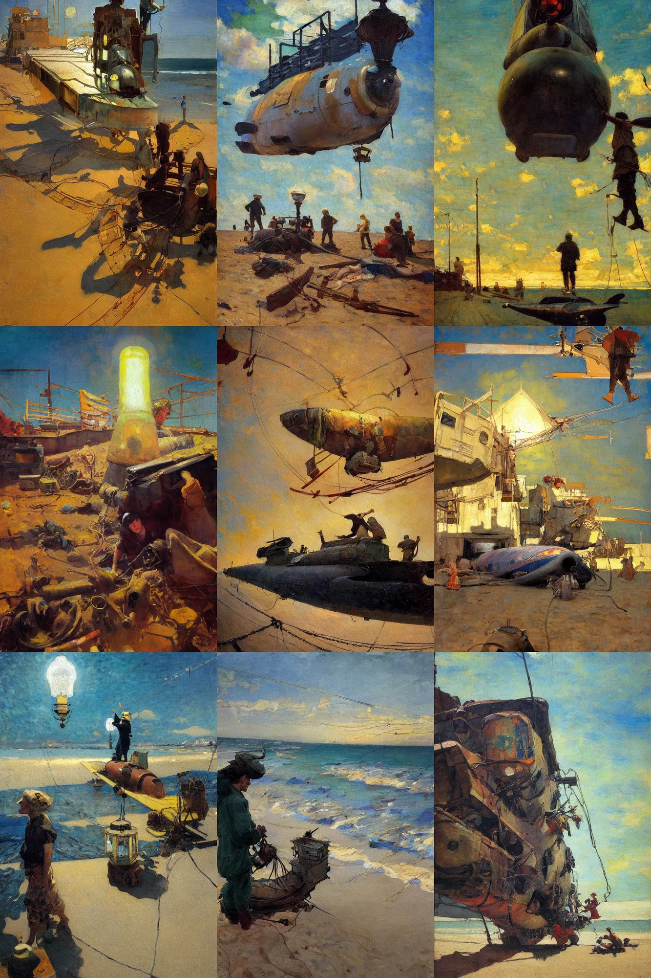 Prompt: looking up, painting by dean cornwell, ilya repin, nc wyeth painting, ultra wide, vanishing point, 3 d perspective, beached submarine, award winning, up close, climbing, beaching, rust, golden hour, junk town, lanterns, makeshift house, lightbulb festoon lights, telephone pole