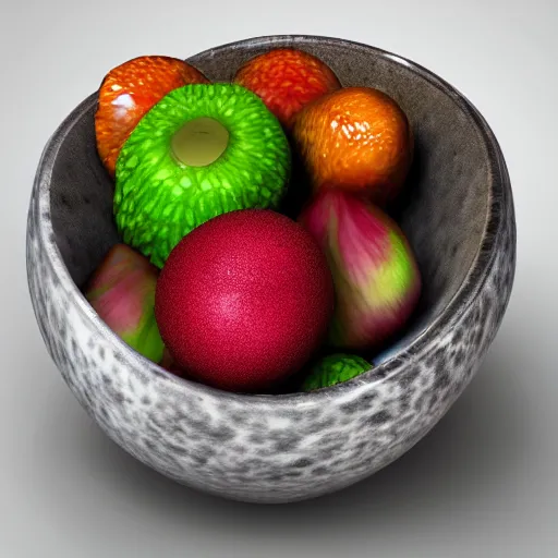 Prompt: a bowl of alien fruit, from another planet, exotic, hyper - realistic, high detail