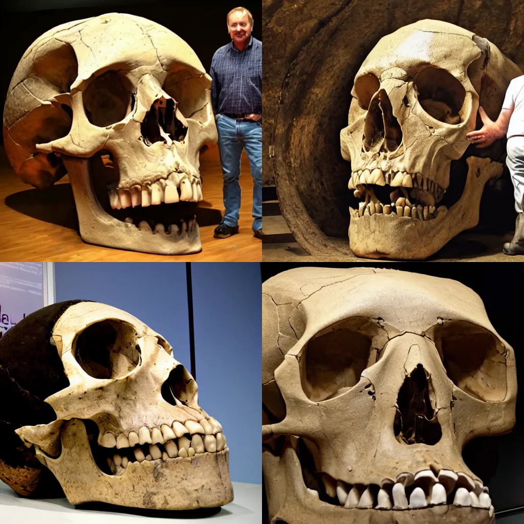 Prompt: Palaeontologists discover giant human skulls all over the world