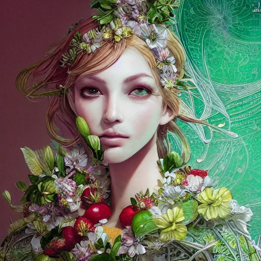 Prompt: the portrait of an absurdly beautiful, graceful, elegant, sophisticated woman made of strawberries and green petals looking up, an ultrafine hyperdetailed illustration by kim jung gi, irakli nadar, intricate linework, bright colors, octopath traveler, final fantasy, unreal engine 5 highly rendered, global illumination, radiant light, detailed and intricate environment