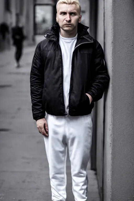 Prompt: extreme long shot. 35 years old blonde russian man in white adidas pants. black letaher jacket. white sneakers. hangover face. staying on the street. warm light. 4k, 8k, hyprerealistic, extreme high detail, trending on artstation, masterpiece.