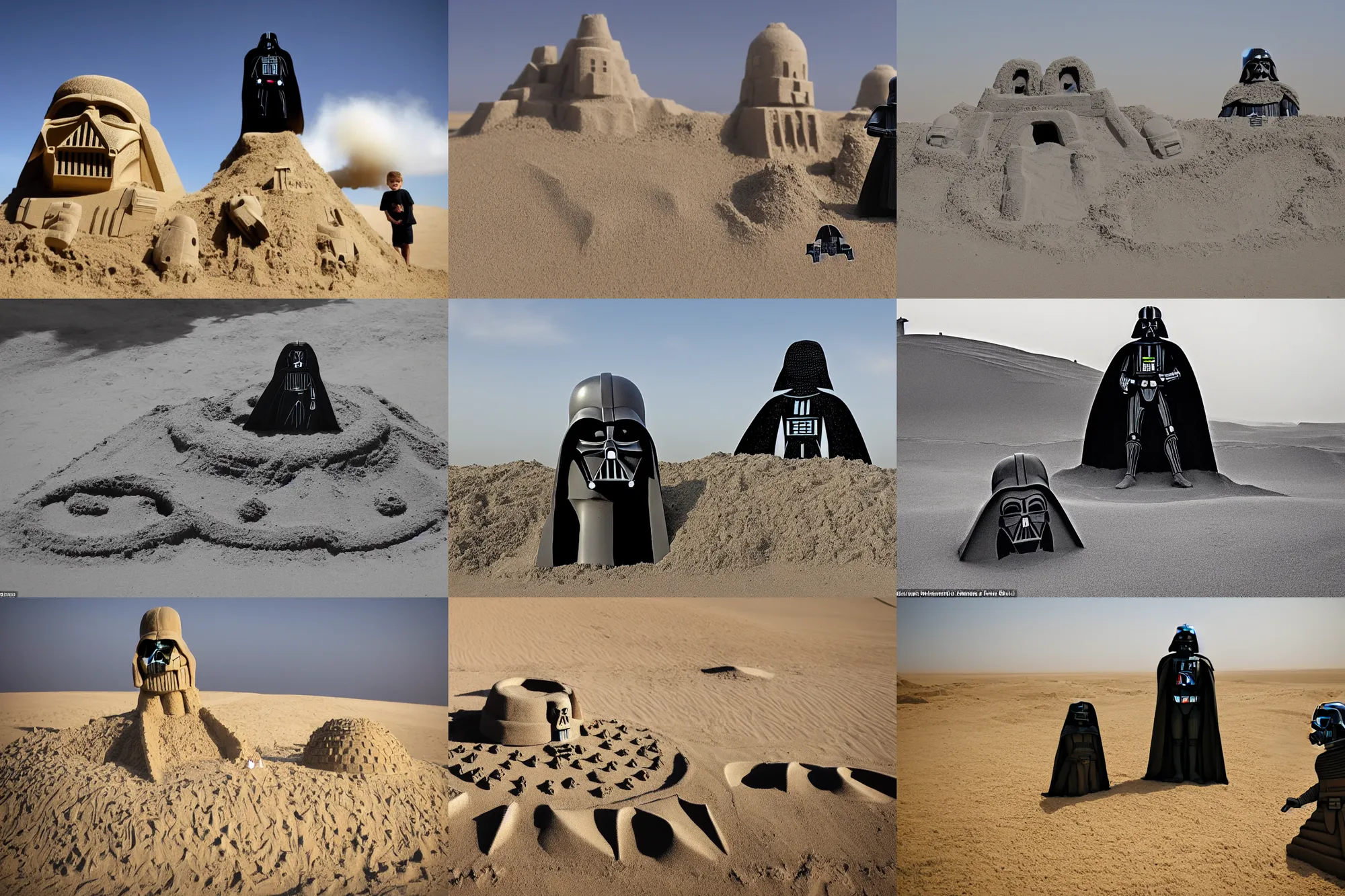 Prompt: a sandcastle in the shape of darth vader near a vapour farm on tatooine