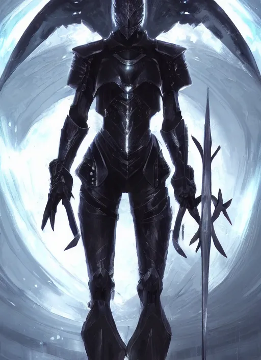 Prompt: dark seraphim knight in light armor wielding a magical lance, full body silhouette. dark water, cyberpunk pearl armor, futuristic fantasy, highly detailed, digital painting, trending on artstation, concept art, sharp focus, illustration, art by artgerm and nixeu and greg rutkowski and magali villeneuve.