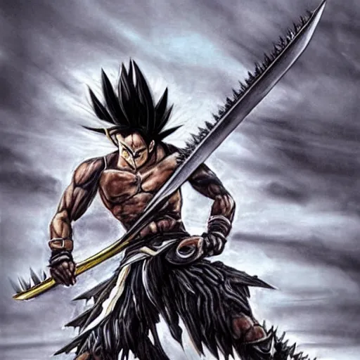 Image similar to realistic art style, warrior girl, muscular girl, wild spiky black saiyan hair, long spiky hair, electrified hair, holding scimitar made of bone, scimitar, sword, jagged sword, curved sword, orkish sword, colorized, gray skin, hyper - detailed, primeval fantasy, prehistoric fantasy, art by jacques - louis david