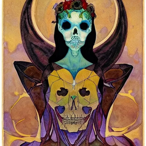 Image similar to the bone crown, by Annie Swynnerton and Nicholas Roerich and (((Diego Rivera))) and (((Edmund Dulac))), bioluminescent skin, floral tattoos, goth costume, geometric ornament, symbolist, rich colors, dramatic lighting, smooth, sharp focus, extremely detailed