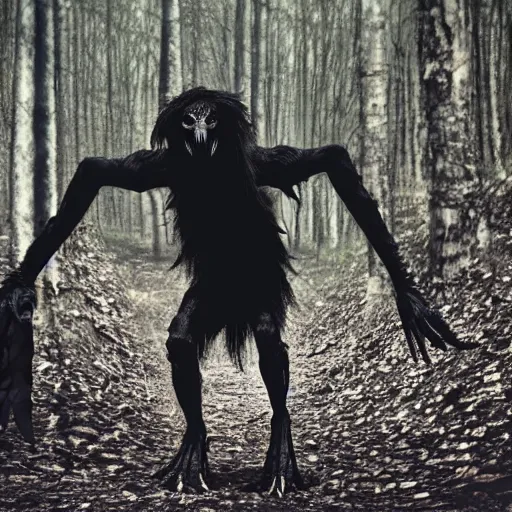 Image similar to werecreature consisting of a crow and a human, werecrow, photograph captured in a dark forest