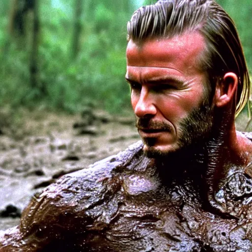 Image similar to cinematic still of david beckham, covered in mud and watching a predator in a swamp in 1 9 8 7 movie predator, hd, 4 k