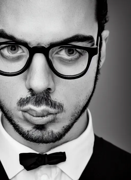 Prompt: black and white profile photo, studio photograph of a male symmetrical handsome andrea belluci wearing glasses the painter artist, anxiety and depression, intricate, elegant, highly detailed, hyper realistic, dark background, flickr, smooth, sharp focus, shot by canon