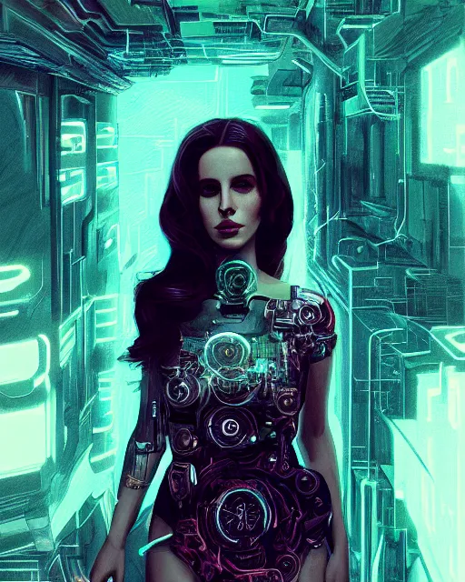 Image similar to portrait of lana del rey as a cyberpunk cyborg. roses, sci - fi, intricate abstract, upper body, intricate artwork, by tooth wu, wlop, beeple, dan mumford. concept art, 8 k octane render, deviantart, greg rutkowski, cinematic, key art, hyperrealism, iridescent accents