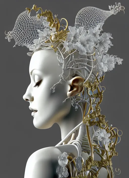 Image similar to complex 3d render ultra detailed of a beautiful porcelain profile woman face, mechanical cyborg, 150 mm, beautiful natural soft light, rim light, silver gold details, ghost orchid big leaves and stems, roots, fine foliage lace, maze like, mesh wire, white metal neocubism armor, intricate details, hyperrealistic, ultra detailed, mandelbrot fractal, anatomical, red lips, facial muscles, cable wires, microchip, elegant, octane render, H.R. Giger style, 8k