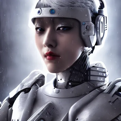 Image similar to An epic fantastic realism comic book style portrait painting of a female cyber warrior, dieselpunk armor, korean girl, white hair, porcelain pale skin, cyberpunk color raining tokyo everywhere, Concept world Art, unreal 5, DAZ, hyperrealistic, octane render, cosplay, RPG portrait, dynamic lighting