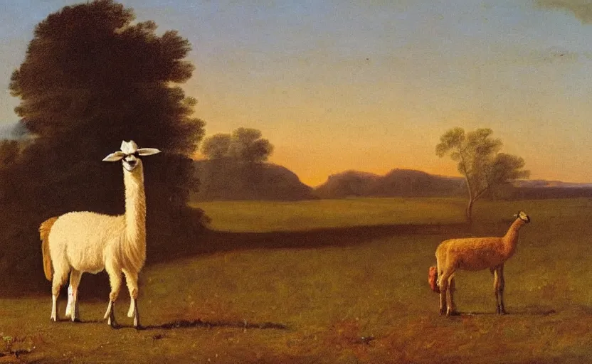 Prompt: oil painting by george stubbs of a llama wearing cowboy boots in a meadow at dawn.