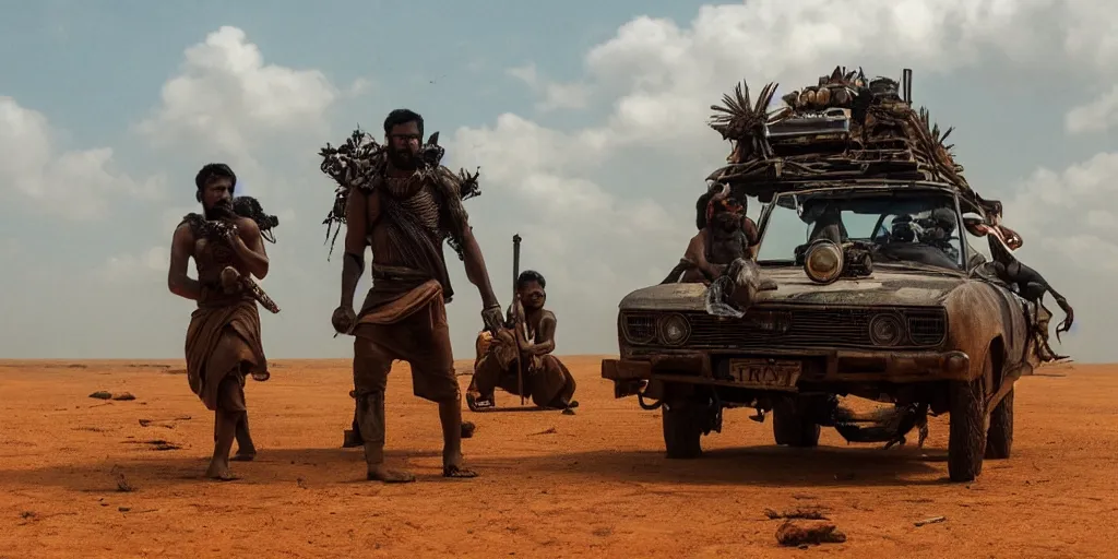 Prompt: sri lankan mad max style, bongo, film still, epic shot cinematography, rule of thirds