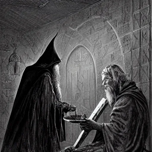 Image similar to the evil ian mckellen smithing on an anvil as gandalf in a dark viking hood playing odin all father crafting a neural network with golden synapses on an anvil with fire, highly detailed, cinematic shot, cinematic lighting, 8 k, exquisit facial detail, painting by gustave dore