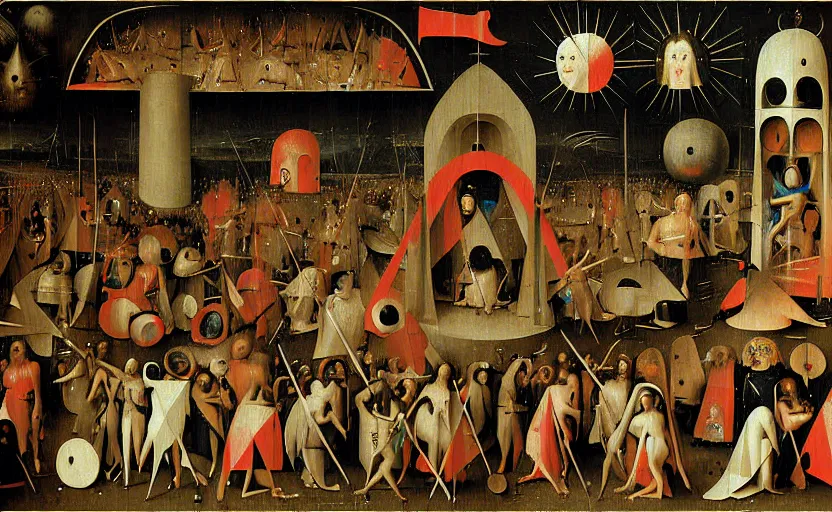 Prompt: geometric painting of an edm rave party by hieronymus bosch