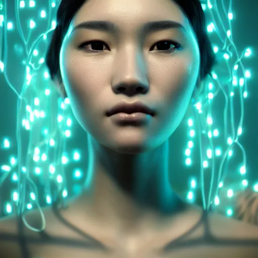 Image similar to intricate highly detailed face portrait of asian - european woman, light aqua water vines on her face, intricate, cgsociety, unreal engine, octane render, sharp focus, smooth, volumetric lighting, cinematic composition, artstation