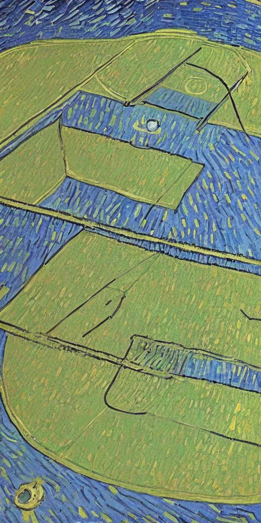 Image similar to tennis court in spaceship, van gogh's art