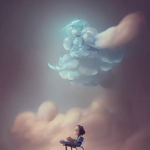 Image similar to chair - shaped cloud, concept art illustration, color page, 4 k, tone mapping, doll, akihiko yoshida, james jean, andrei riabovitchev, marc simonetti, yoshitaka amano, digital illustration, greg rutowski, volumetric lighting, sunbeams, particles, trending on artstation