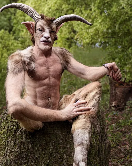 Image similar to actor Roddy McDowell in Elaborate Pan Satyr Goat Man Makeup and prosthetics designed by Rick Baker, Hyperreal, He has goat man legs, cloven feet and horns, He is sitting on a log near a beautiful meadow holding his flute. A beautiful Maiden in a beautiful Sandy Powell designed Victorian era dress can be seen off in the distance