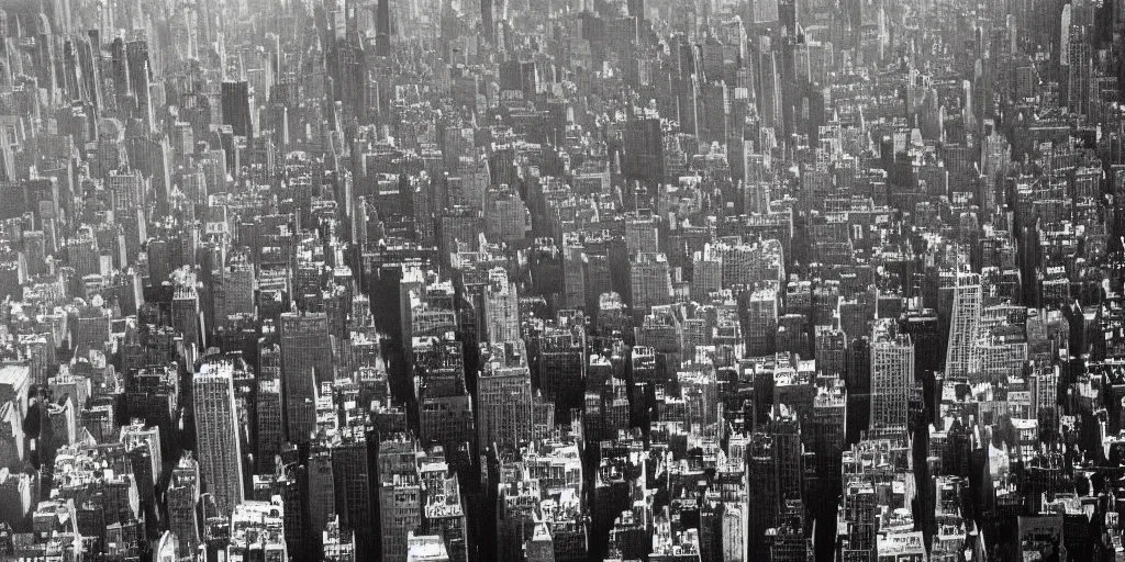 Prompt: a Sebastião Salgado's photograph of Manhattan from above in the 70s