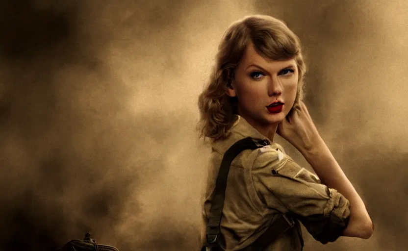 Prompt: a still of Taylor Swift in the movie Saving Private Ryan, mystery horror, cinematic gritty lighting, grainy film, artstation, DeviantArt,
