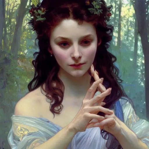 Image similar to a beautiful closeup portrait of a young vivian leigh casting a spell, forest background, serene colors, dramatic light, gorgeous view, depth, high detail, digital art, painted by alphonse mucha and greg rutkowski, trending on artstation