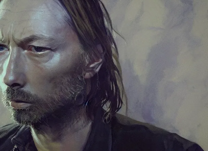 Prompt: a highly detailed beautiful portrait of thom yorke with a gun, by gregory manchess, james gurney, james jean