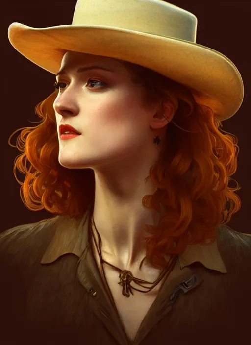 Prompt: portrait of evan rachel wood as a cowboy, 1 8 9 0, western, hat, colt, intricate, headshot, highly detailed, digital painting, artstation, concept art, sharp focus, cinematic lighting, illustration, art by artgerm and greg rutkowski, alphonse mucha, cgsociety