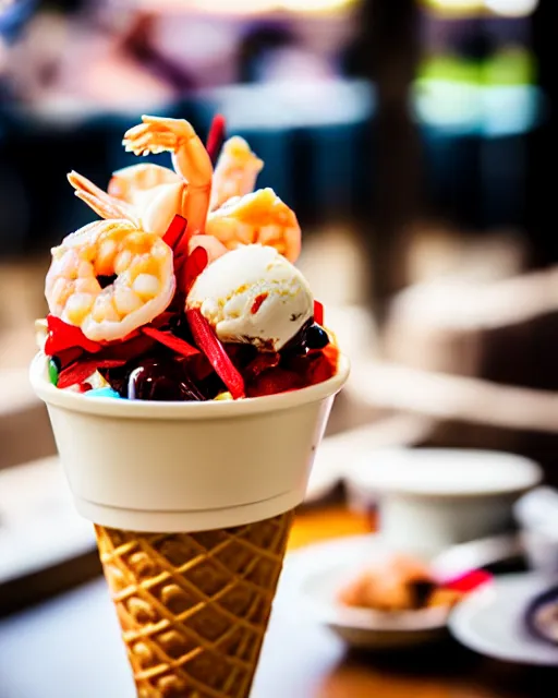 Image similar to dslr food photograph of an ice cream sundae with shrimps on. 8 5 mm f 1. 4