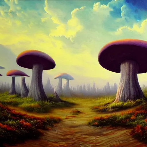 Image similar to alien landscape, oil painting, giant mushrooms, 4k, trending on artstation