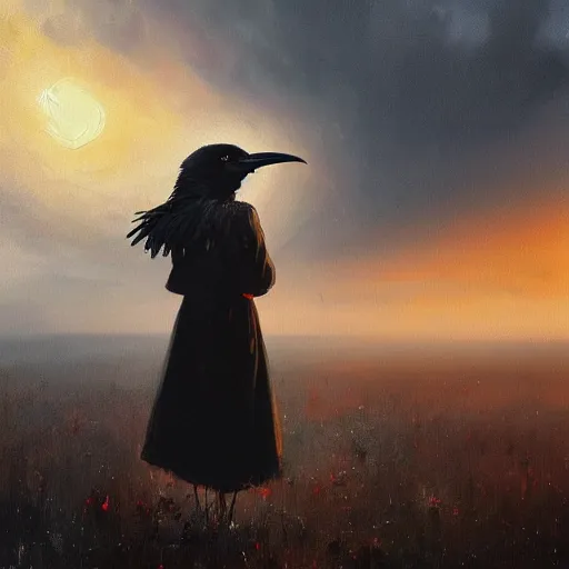 Image similar to morning, a woman in a black dress with a raven head. no face. sun, cinematic, clouds, vogue cover style, contracting colors mood, realistic painting, intricate oil painting, high detail, figurative art, poster art, by simon bisley, ismail inceoglu, wadim kashin, filip hodas. pixar theme.