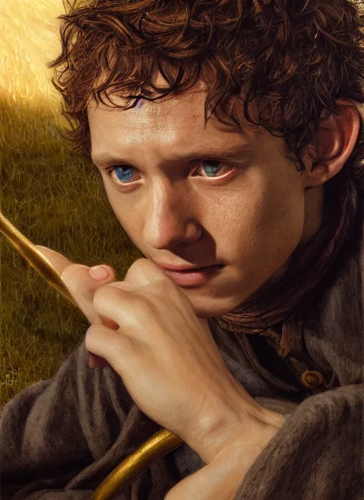 Image similar to portrait of tom holland as frodo, hobbit wearing a gold ring with engravings on his finger, by alan lee, lord of the rings, smooth, detailed terrain, oil painting, matte painting, concept art, trending on artstation, promotional artwork, film still, elegant, photorealistic facial features, intricate, detailed face, cinematic lighting