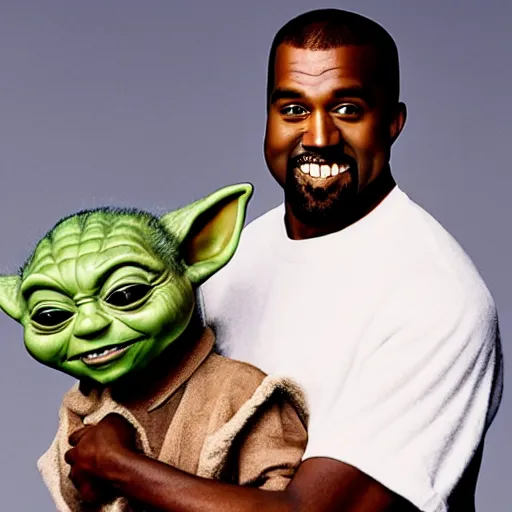 Image similar to kanye west smiling and holding yoda yoda for a 1 9 9 0 s sitcom tv show, studio photograph, portrait