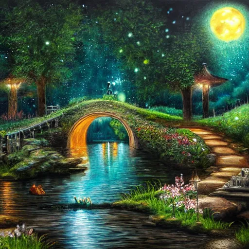 Image similar to realist painting, high detail, woodland village, in the night, fantasy, crescent moon, stone paths, bridge, water stream, luminous, toadstools, fireflies, fantasy,, flowers, waterfall, lanterns, mist, highly detailed painting, fine lines, 8 k realistic, sharp focus