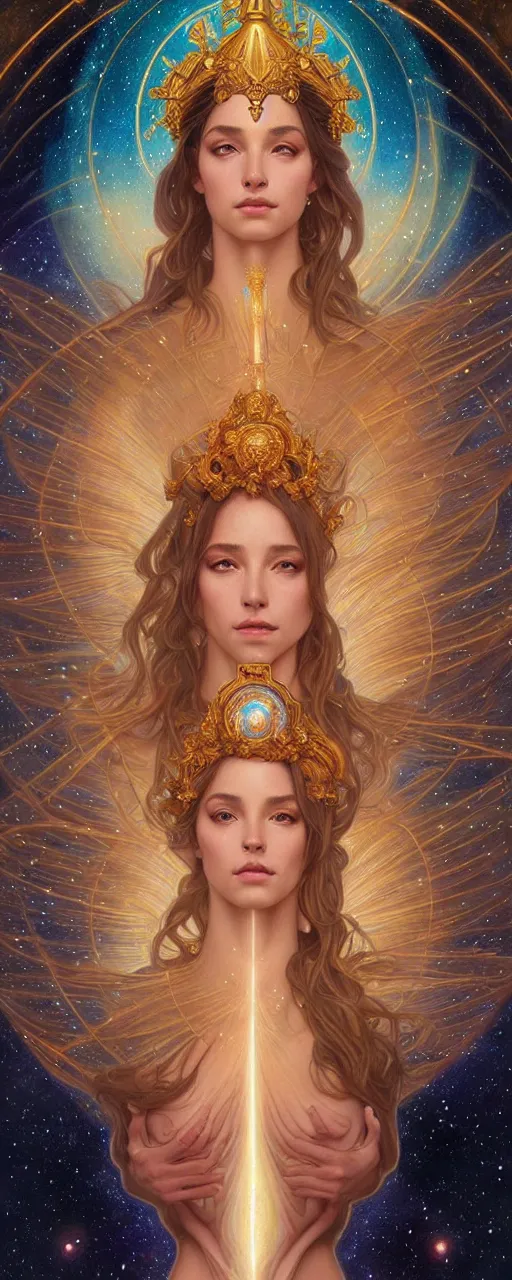 Image similar to perfectly detailed goddess of galaxies portrait judgement tarot card!! blessed by the universe with ever - increasing physical mental perfection, symmetrical! intricate, sensual features, highly detailed, universeral divine perfection!! digital painting, artstation, concept art, smooth, sharp focus, illustration, art by artgerm and greg rutkowski and alphonse mucha