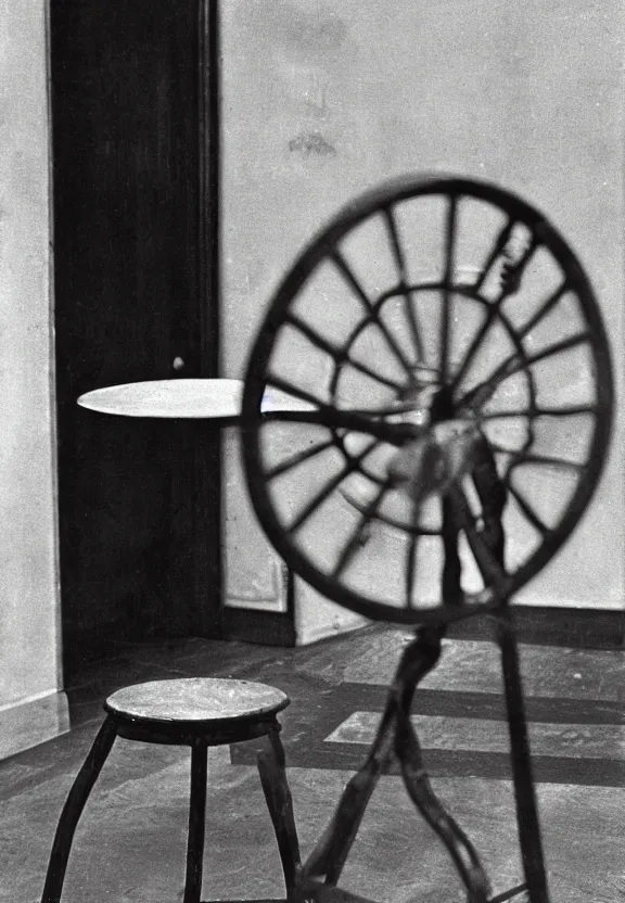 Prompt: a spinning wheel sitting on top of a stool, a surrealist sculpture by marcel duchamp, archival pigment print, 1 9 1 4, conceptual art, artwork, academic art, surrealist