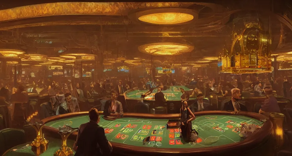 Prompt: bustling fantasy underground casino, magic aura, large glass windows, artstation, 4 k, greg rutkowski, concept art, matte painting