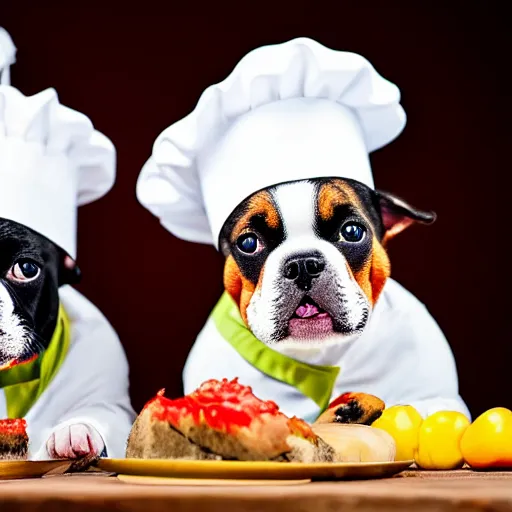 Image similar to a 8k highly detailed still photo by Anne Geddes of Two multi-colored French Bulldogs in chef hats and aprons starring on a cooking show