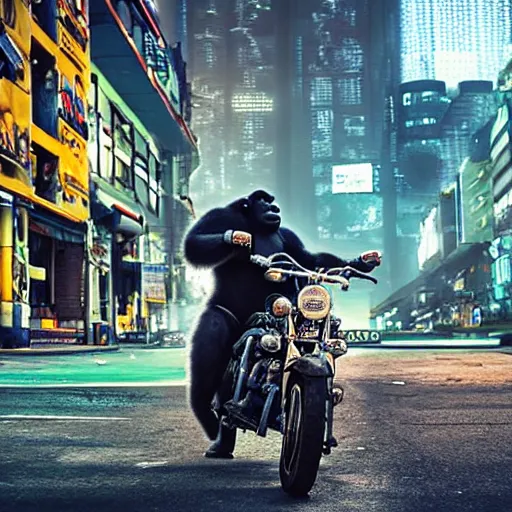 Prompt: a gorilla is riding a motor cycle in a cyberpunk city